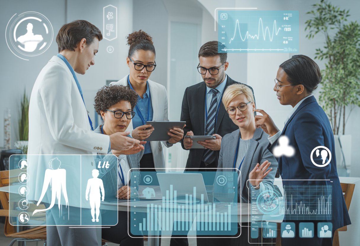 Healthcare professionals and data analysts reviewing health data and charts in a modern office, collaborating on population health management.