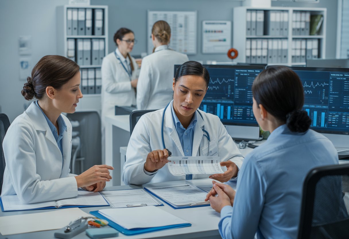 Healthcare professionals discussing medical documents and claims in a modern medical office.