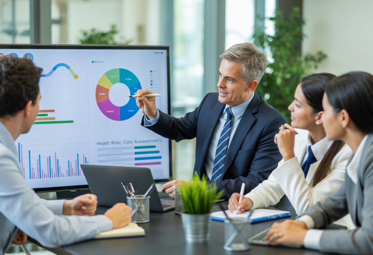 A group of business professionals discussing health data charts on a large digital screen in a bright conference room.