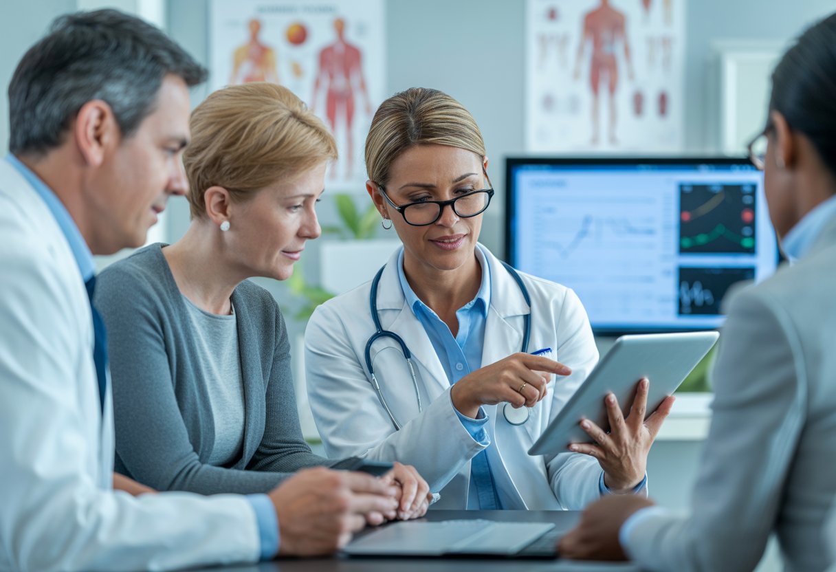 A healthcare professional explains health risk information to a middle-aged woman in a medical office.