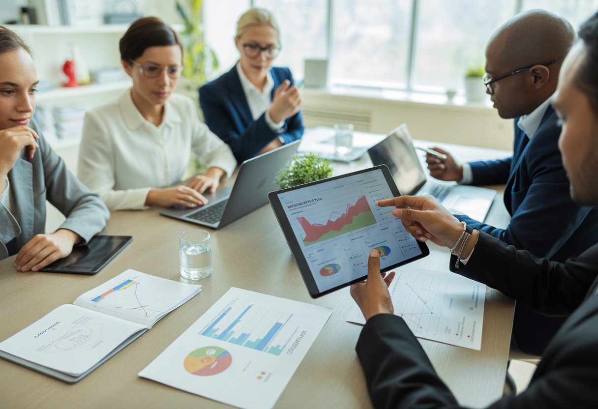 A group of professionals discussing health risk assessment data around a table with digital devices and charts in a bright office.