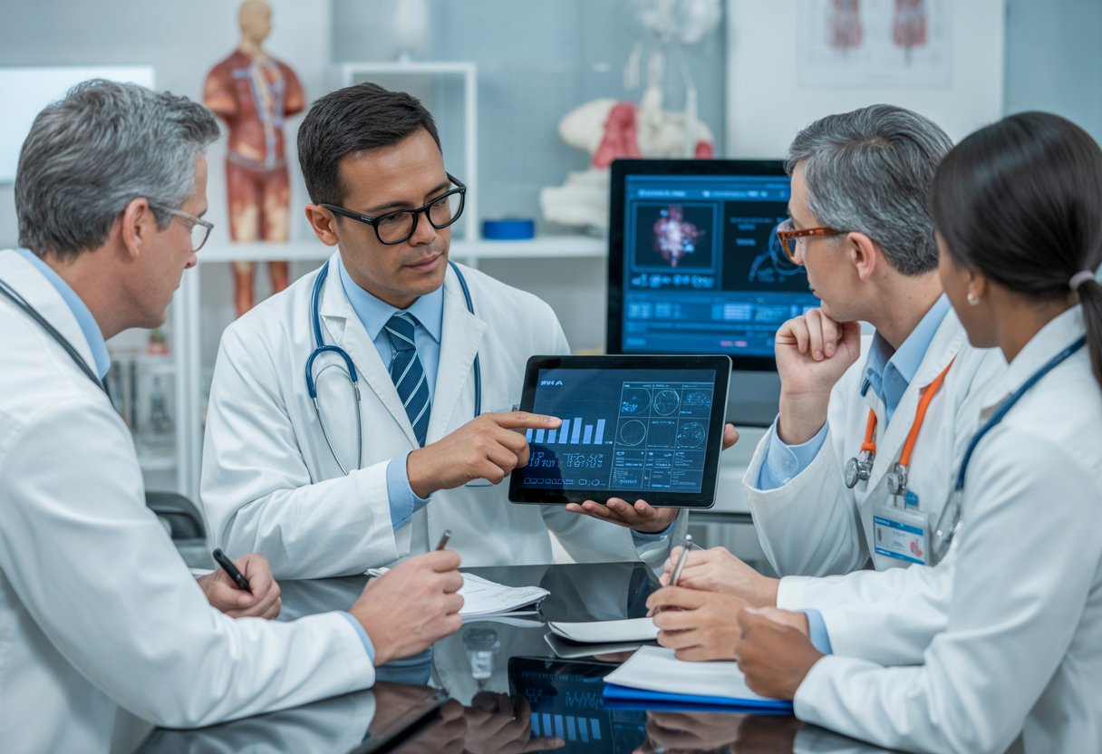 Doctors in a medical office reviewing patient health data on a tablet during a team discussion.