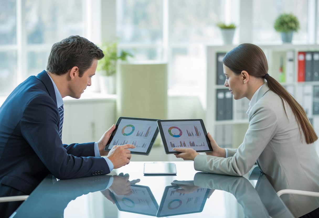 Two business professionals sitting at a table, comparing digital tablets displaying charts and graphs in a bright office.