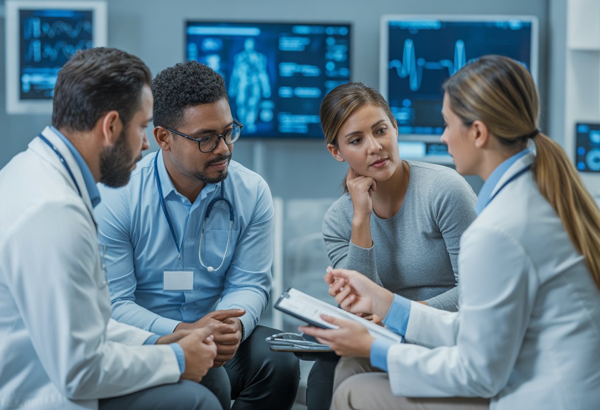 A patient consulting with healthcare providers in a modern medical office, discussing personalized health information.