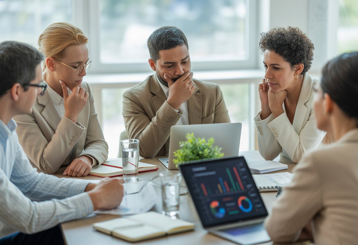 A diverse group of adults in a bright office having a thoughtful discussion around a table with laptops and documents.