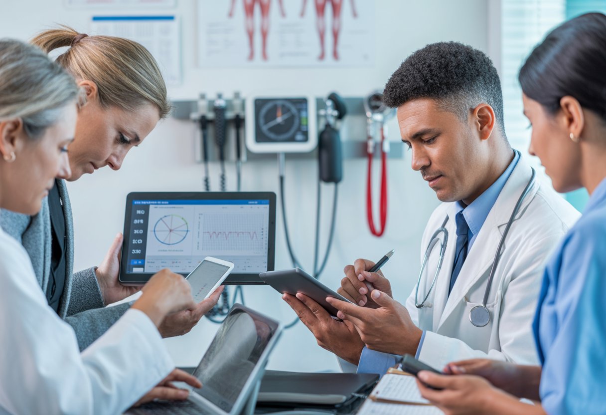 Medical professionals reviewing patient data and health assessments in a modern clinical office.