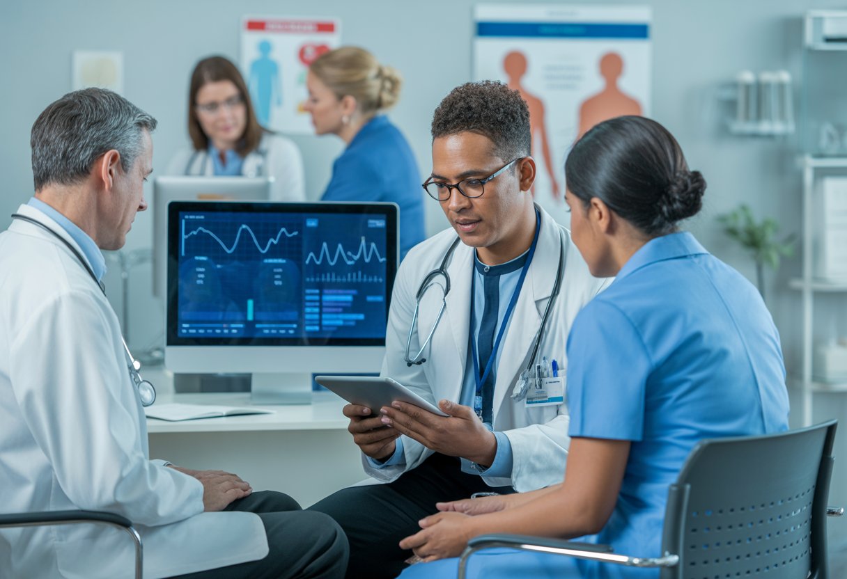 Healthcare professionals reviewing health data on a tablet with patients in a modern clinic.