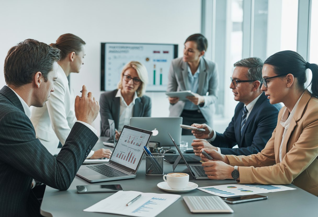 A group of business professionals discussing financial charts and documents around a conference table in a bright office.
