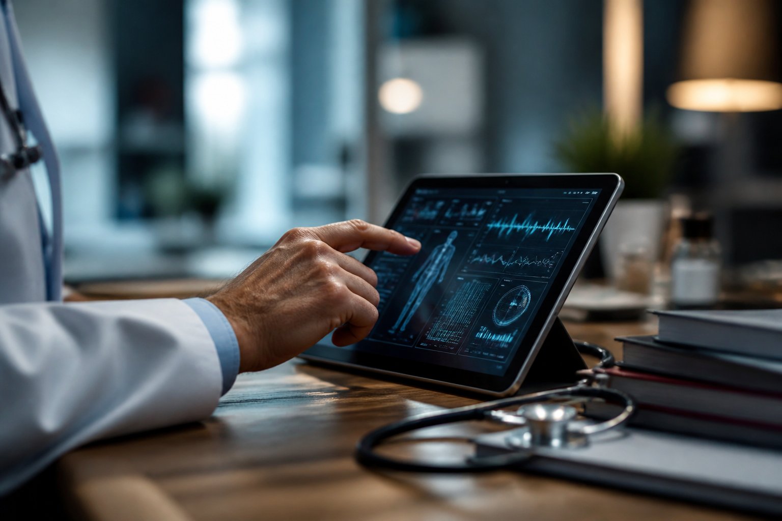 Close-up of a medical professional's hands using a tablet displaying health data in a modern clinic setting with medical tools on a wooden desk.
