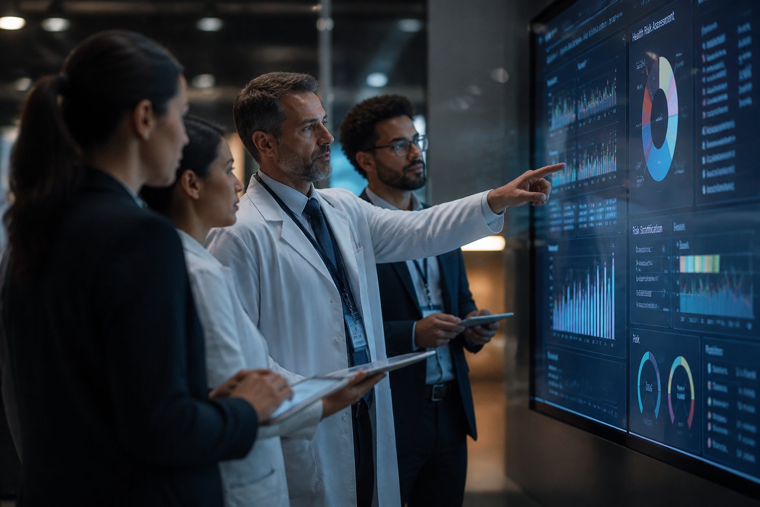A group of professionals in a modern office reviewing health data and risk assessment charts on a large digital touchscreen.
