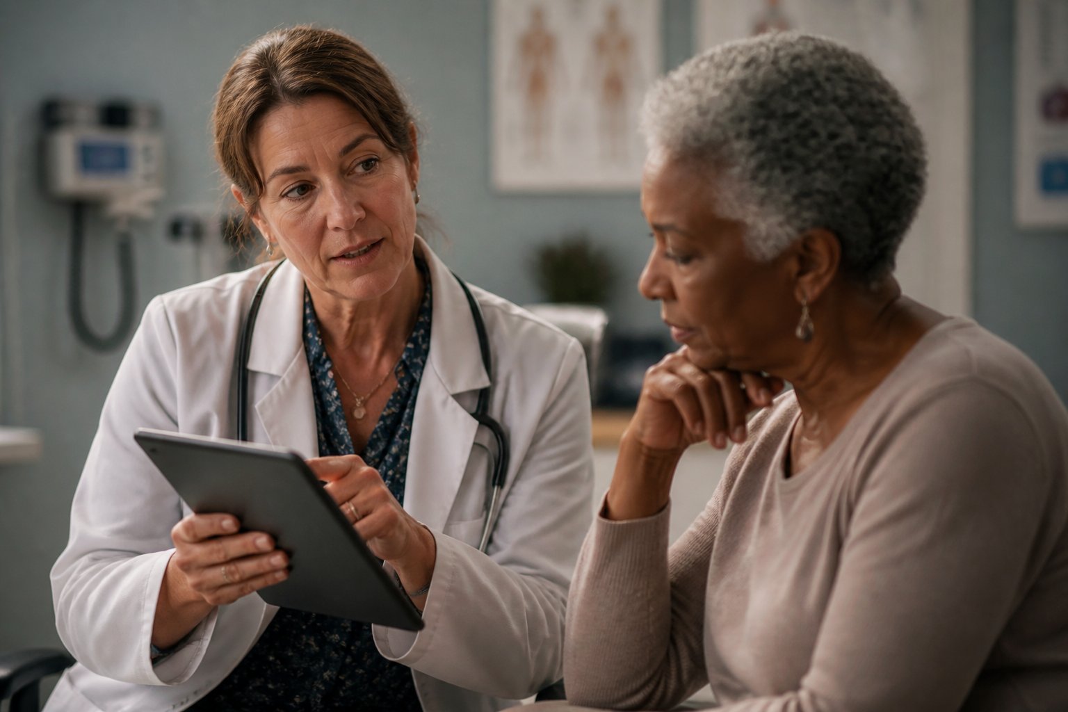 A healthcare professional showing health assessment results on a tablet to a patient in a clinical setting.