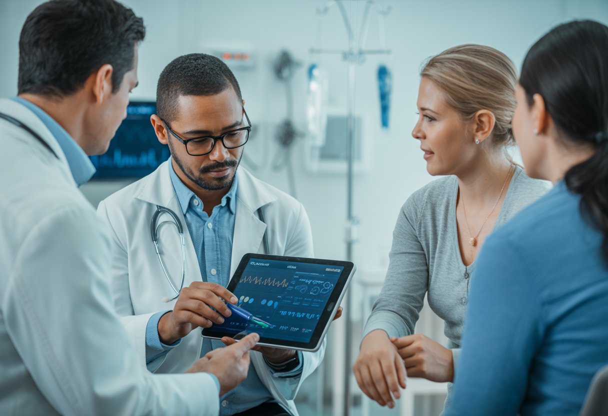 A doctor showing health information on a tablet to a patient in a medical consultation room.