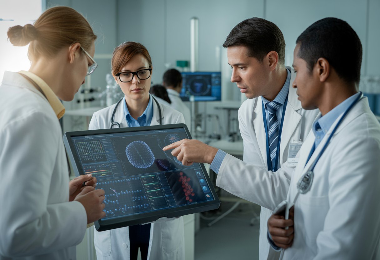 Medical professionals examining digital health data in a modern research laboratory.