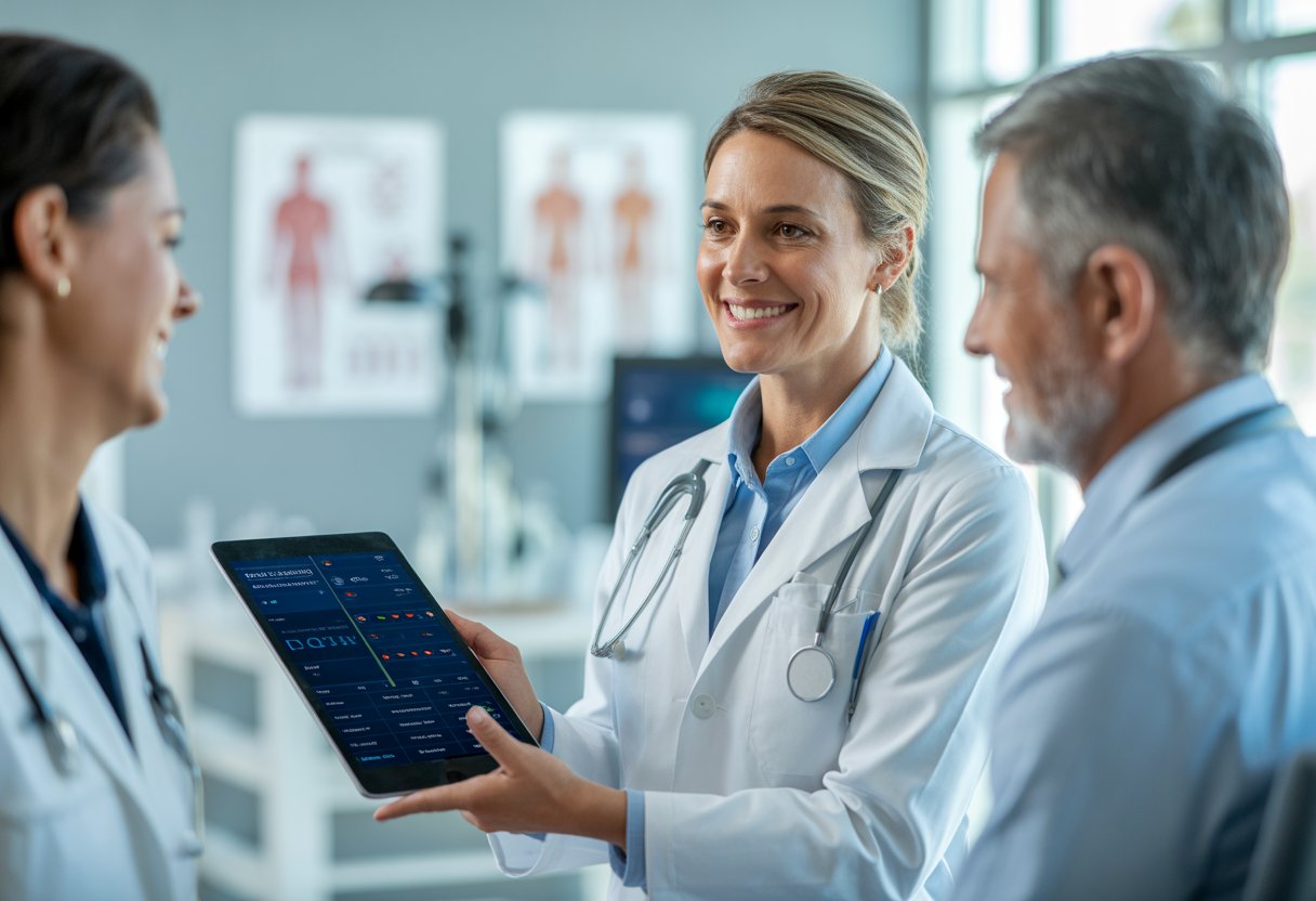 A doctor showing health data on a tablet to a patient in a modern medical office.