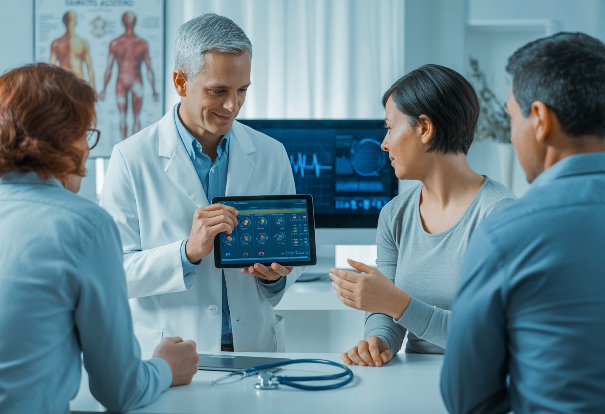 A healthcare professional showing health assessment results on a tablet to a patient in a medical office.