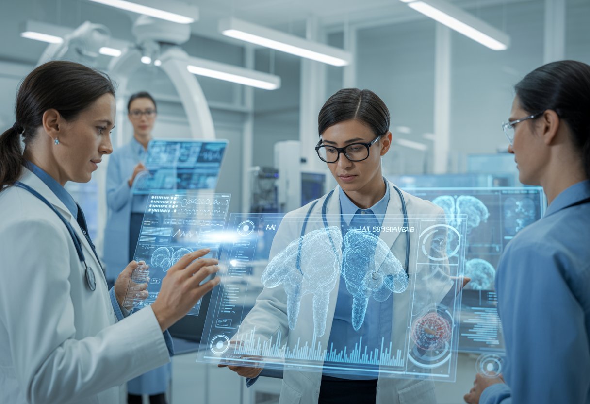 Medical professionals analyzing digital health data on transparent screens in a modern research lab.