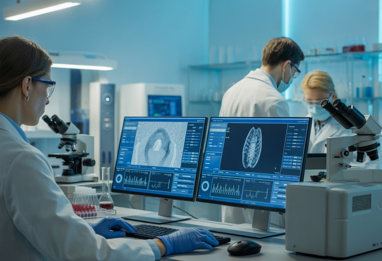 Healthcare professionals working in a medical laboratory analyzing diagnostic data on computer screens surrounded by advanced lab equipment.