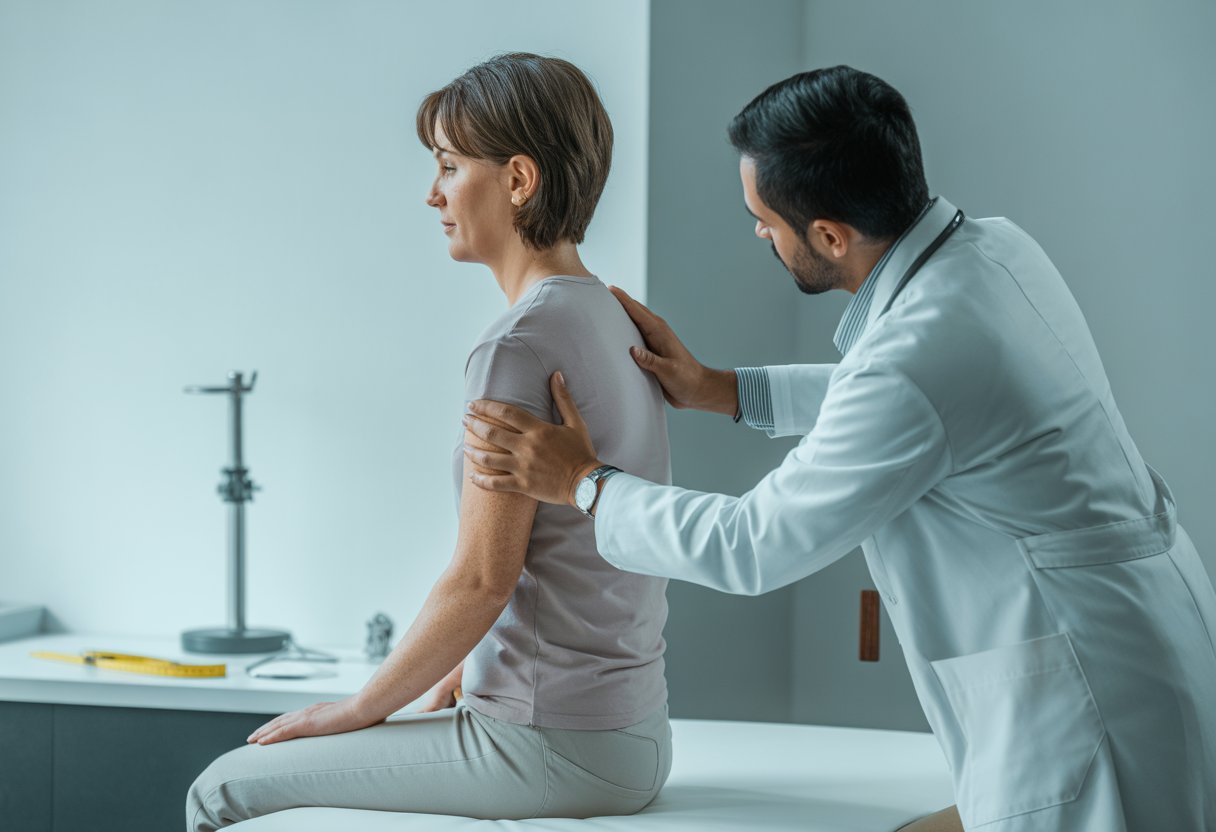 A healthcare professional examining a patient's posture and body alignment in a medical examination room.
