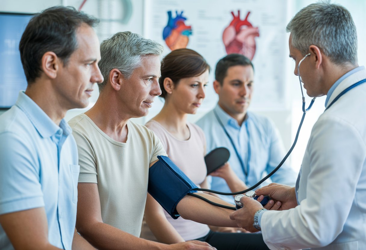 A healthcare professional examining patients in a medical clinic, with heart and blood vessel diagrams visible in the background.