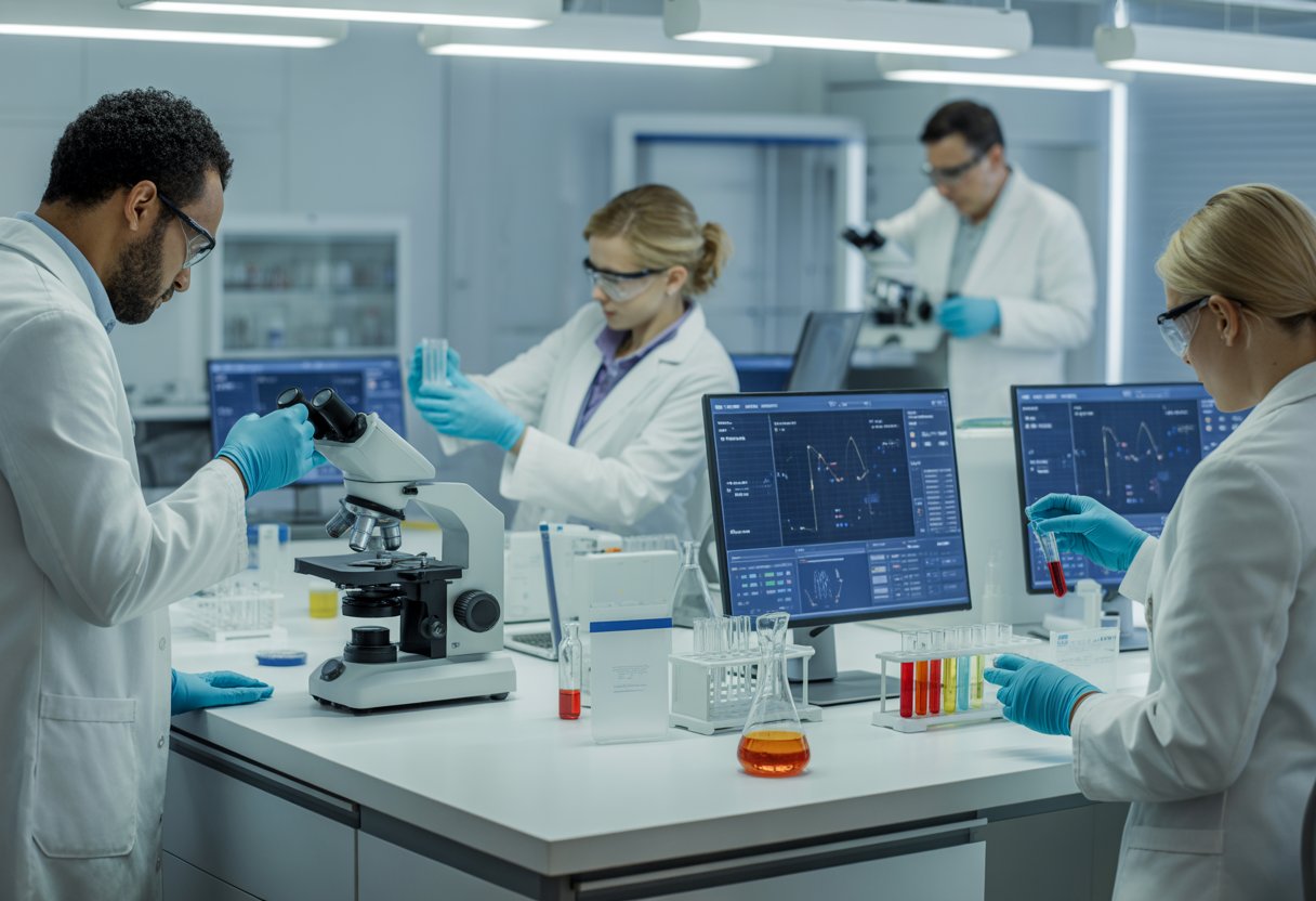 Scientists in a modern laboratory conducting health tests using advanced equipment and analyzing samples.