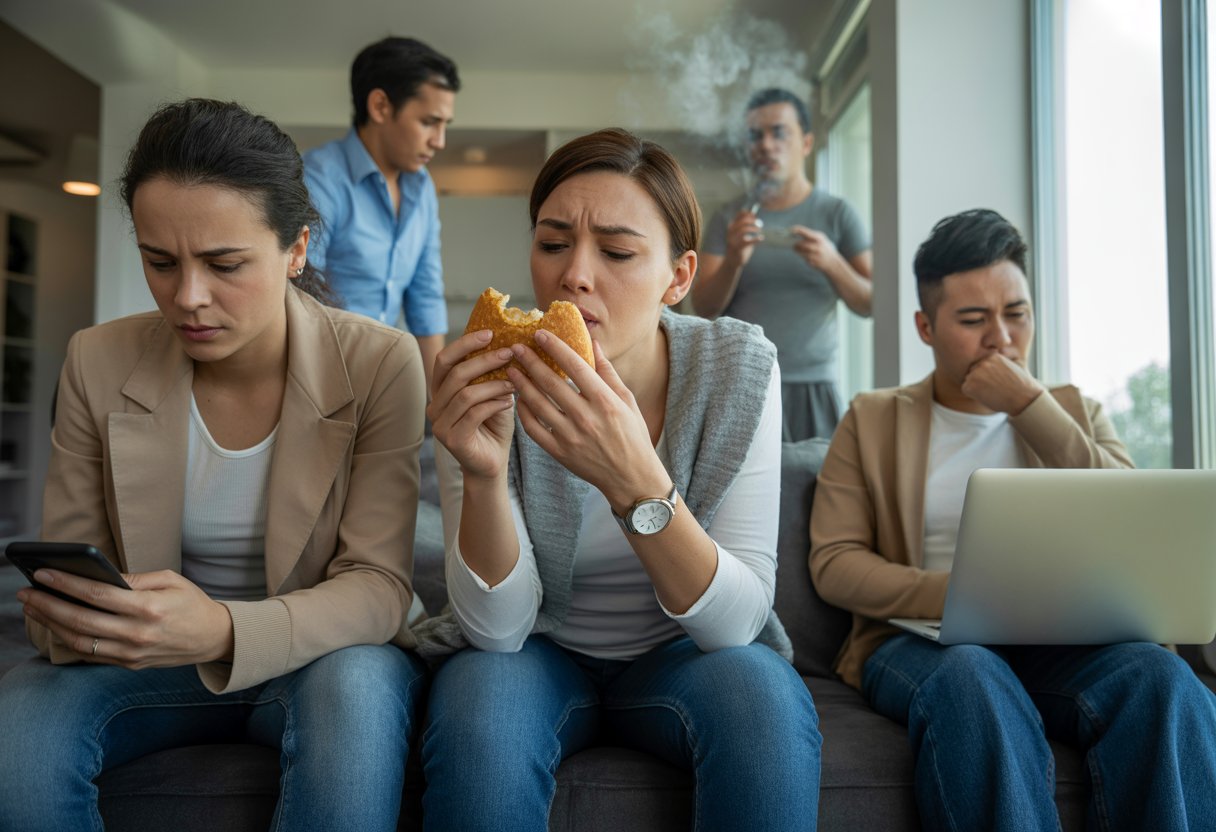 A group of adults in a living room showing different lifestyle habits like stress, unhealthy eating, smoking, and sitting with poor posture.