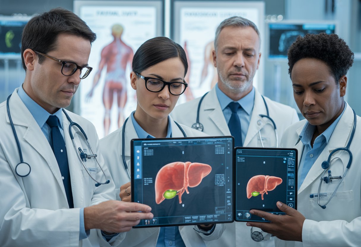 A group of healthcare professionals examining detailed liver scans on digital screens in a modern medical setting.