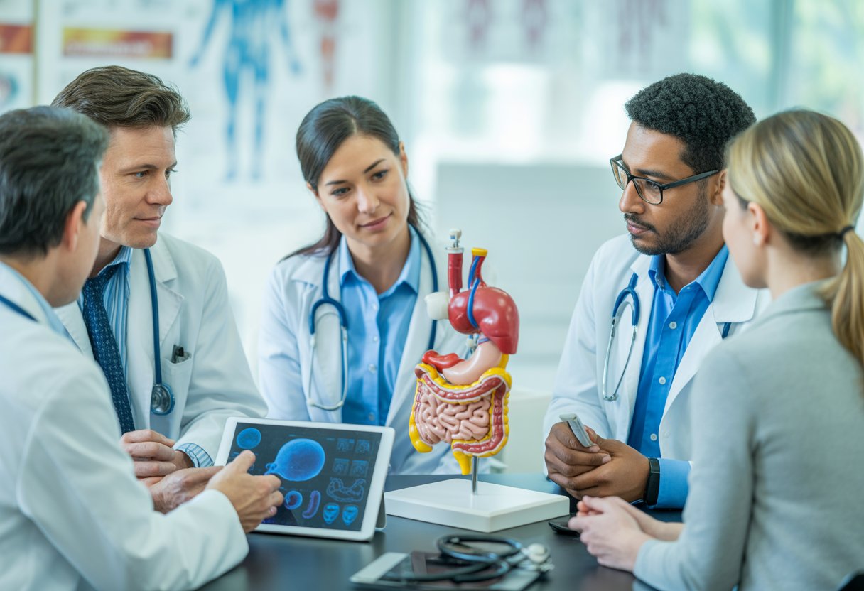 Healthcare professionals and a patient discussing gut health with anatomical models and digital displays of the digestive system in a bright clinical setting.