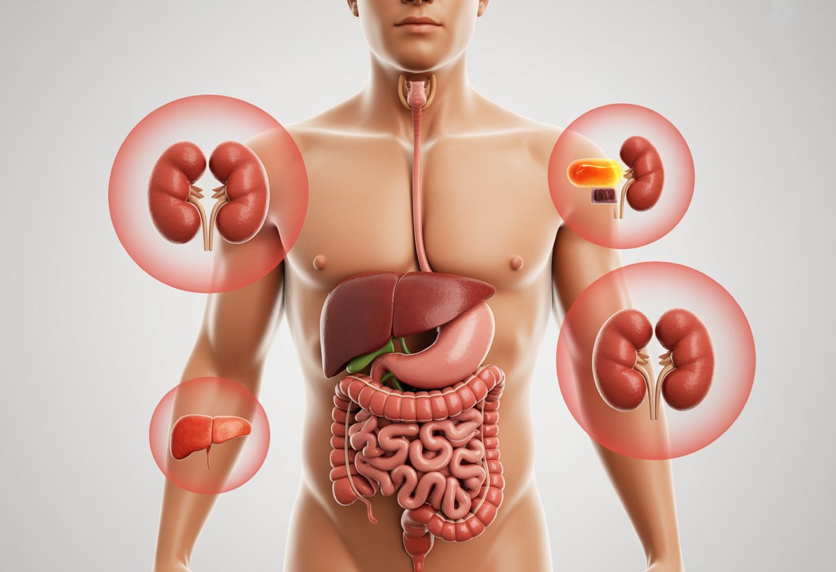 An anatomically detailed illustration of the human torso showing the digestive system, liver, and kidneys with subtle highlights indicating health risks.