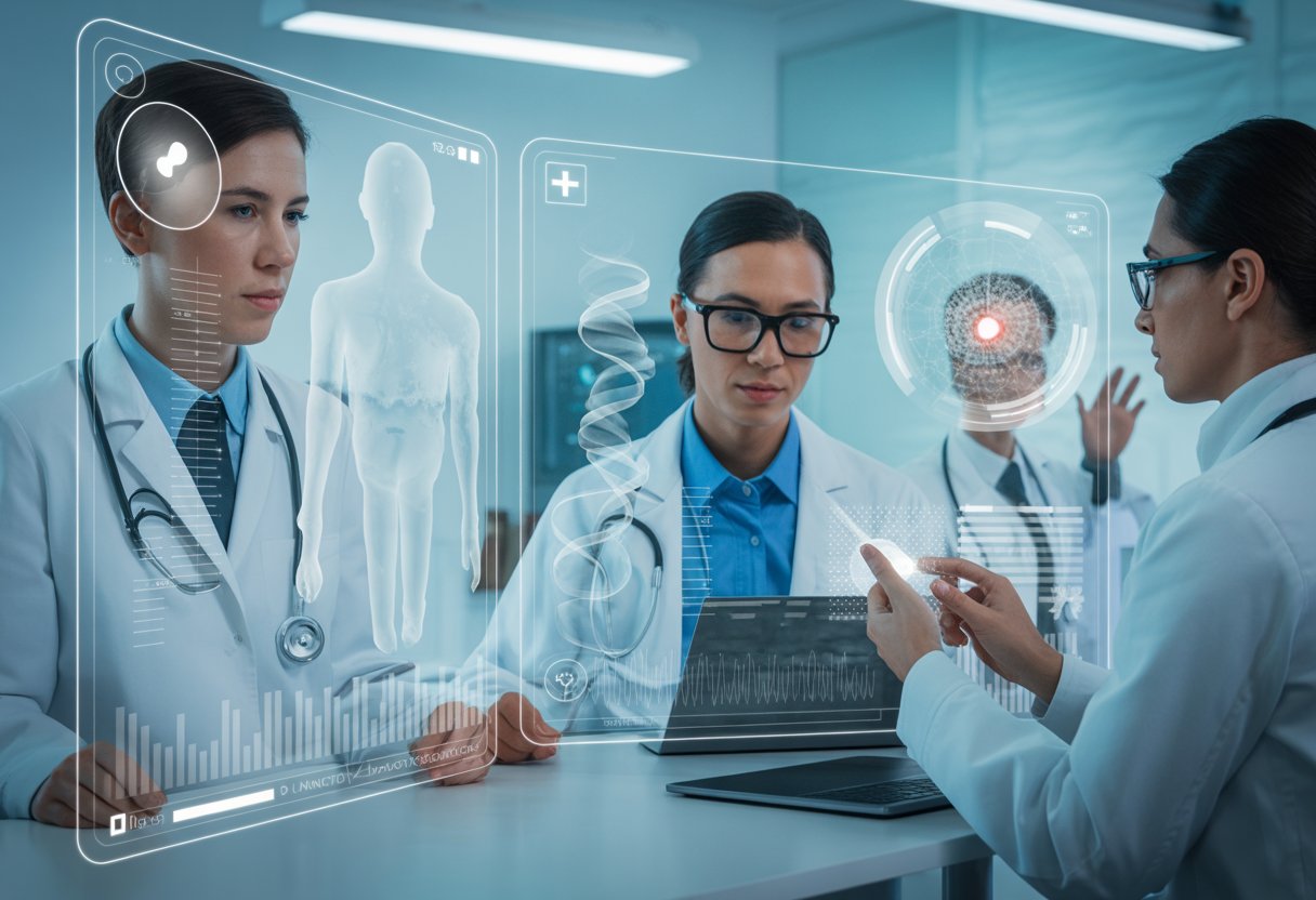 Healthcare professionals examining advanced digital health data on transparent screens in a modern medical office.