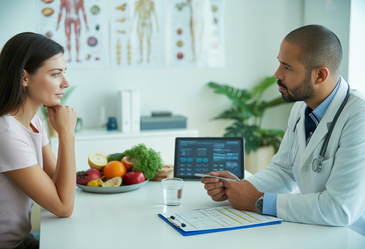 A healthcare professional and a patient discussing health assessment results in a bright medical office with fruits and health data on the table.