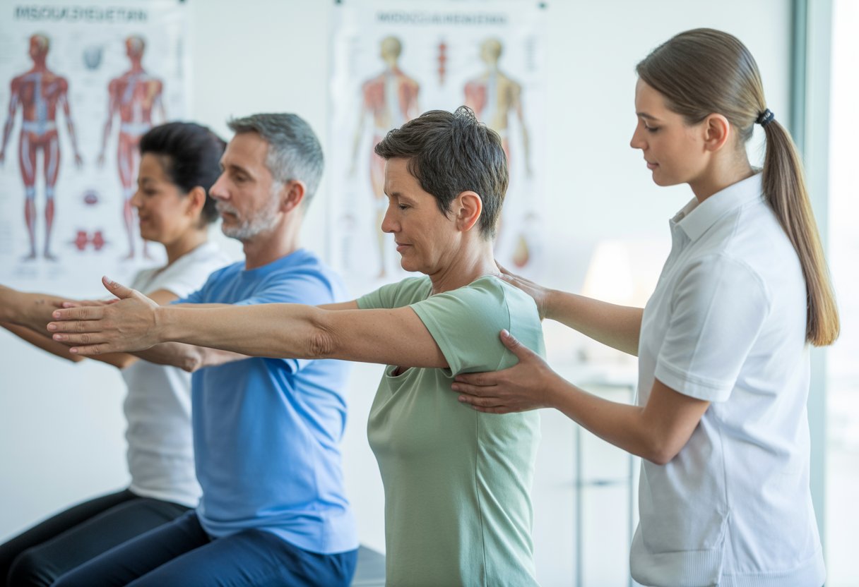 A physical therapist assisting a patient with posture and stretching exercises in a medical setting.