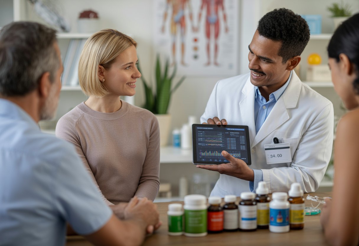 A healthcare professional showing health data on a tablet to a patient in a bright clinic with supplement bottles on a table nearby.