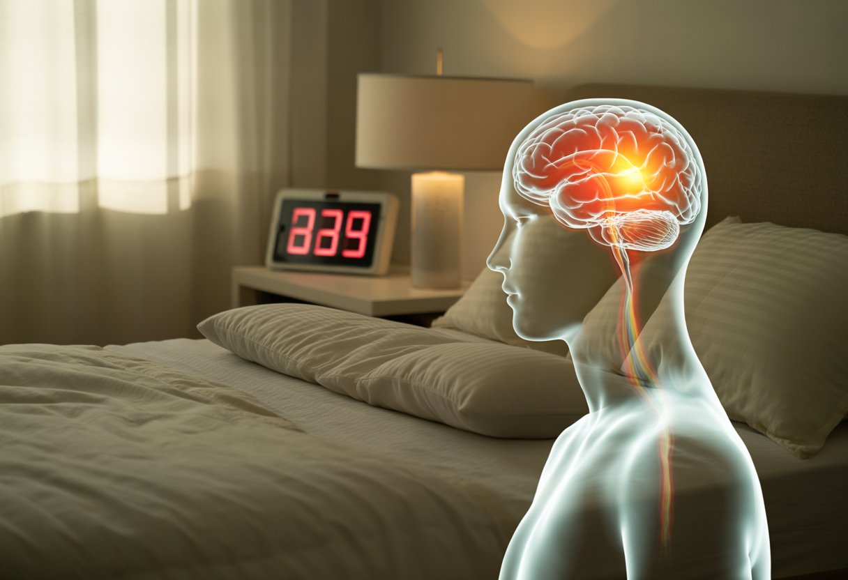 A peaceful bedroom with morning light and a human silhouette highlighting brain and hormonal areas, symbolizing the connection between sleep, energy, and hormones.