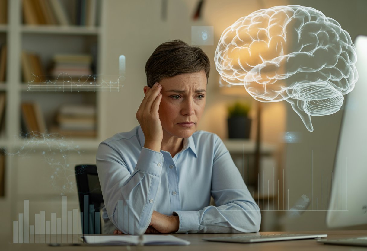 A middle-aged person sitting at a desk, touching their temple with a concerned expression, with abstract brain graphics floating around them.