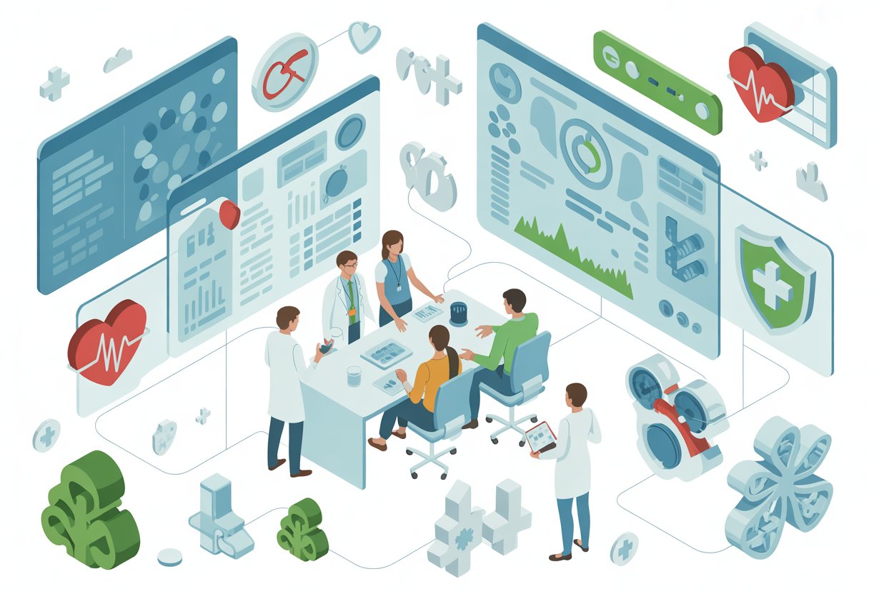 A group of healthcare professionals examining digital health data and wearable devices in a modern workspace filled with charts, medical icons, and technology.