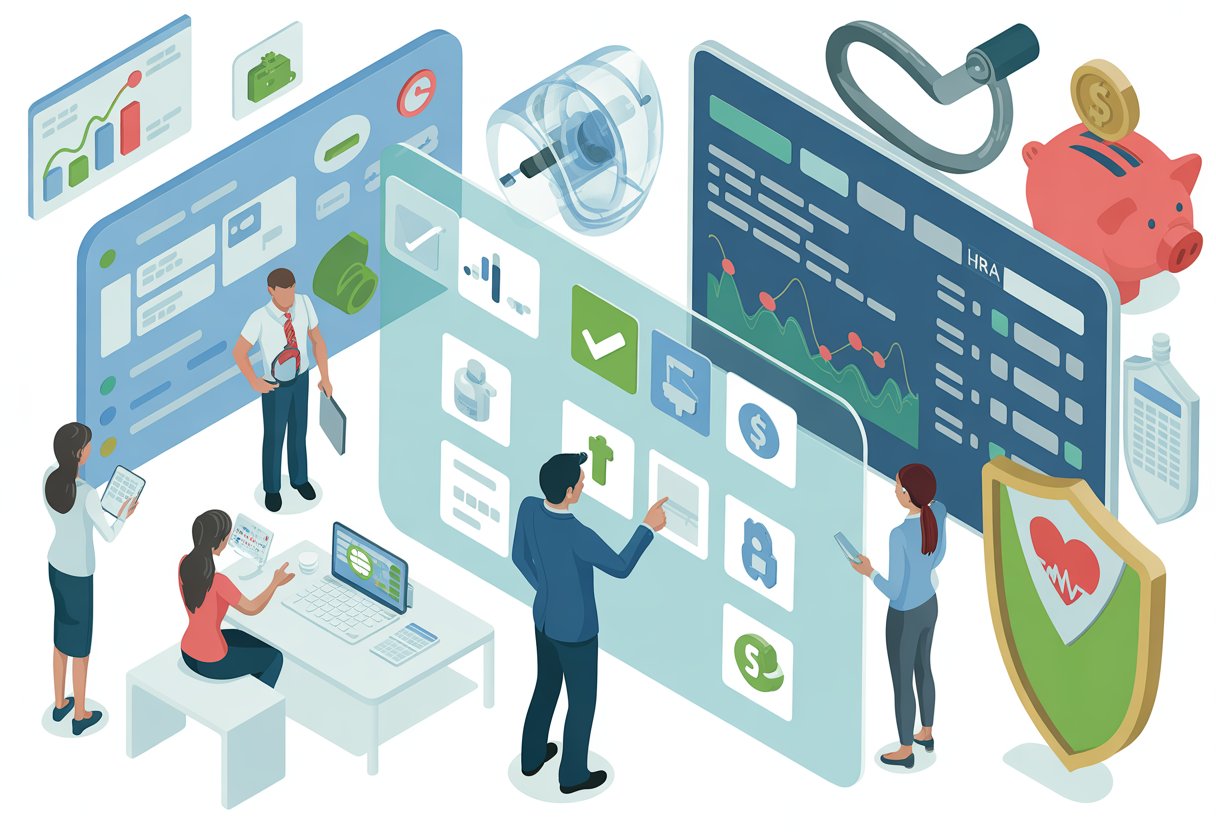 A group of people in a modern office interacting with digital screens showing health data and financial icons related to health benefits and smart health choices.