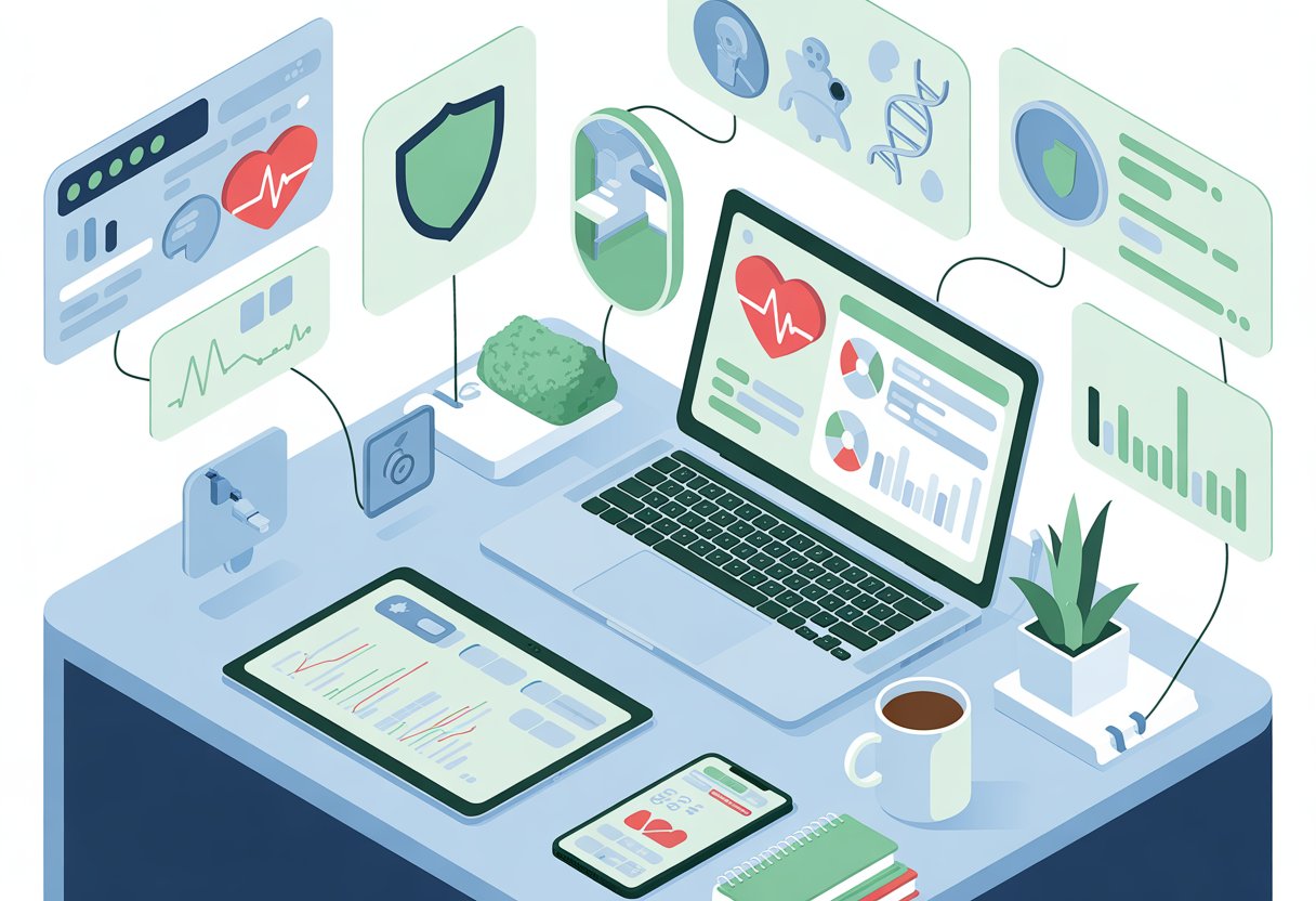 An isometric workspace with digital devices displaying health data charts and icons representing health risk tools and analytics.