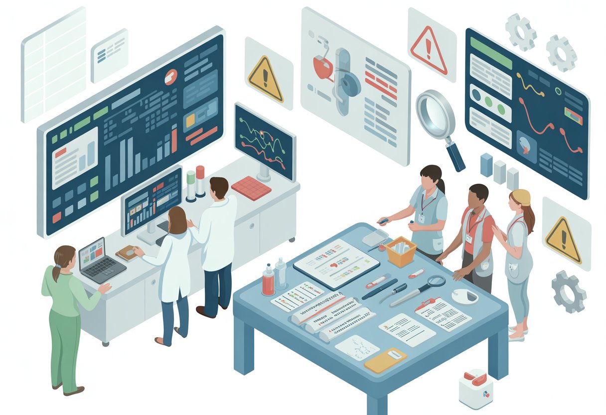 Healthcare professionals reviewing medical data and risk analysis charts in a hospital control room with medical tools and checklists on a table.