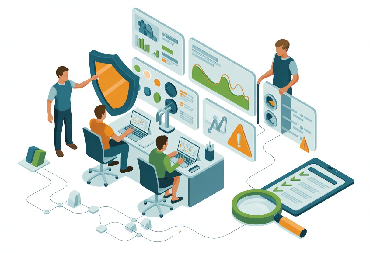A group of professionals analyzing data and charts in an office, with digital screens showing graphs, a large shield symbol, and interconnected nodes representing risk assessment.