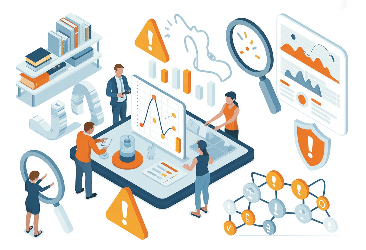 A group of professionals collaborating around a digital table displaying charts and symbols representing risk assessment concepts in an office setting.