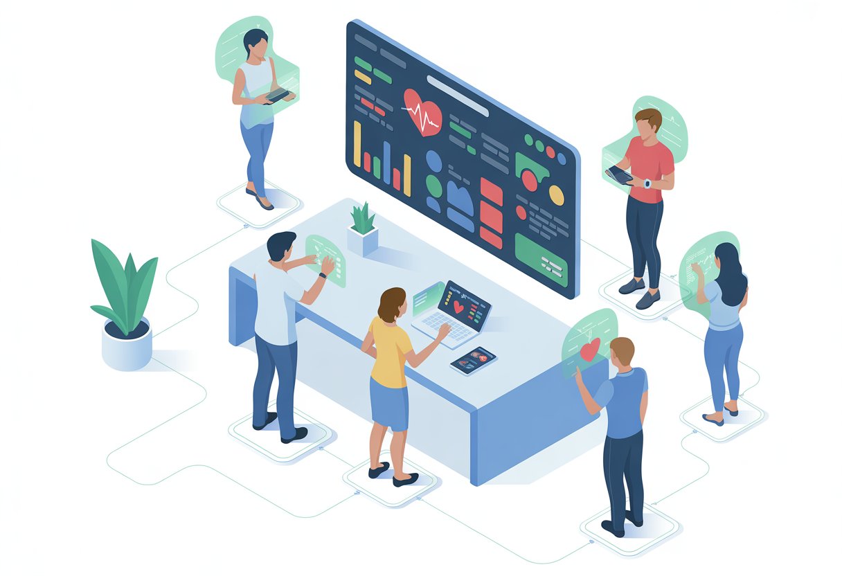 People interacting with a digital health dashboard showing various health metrics in a bright, modern workspace.