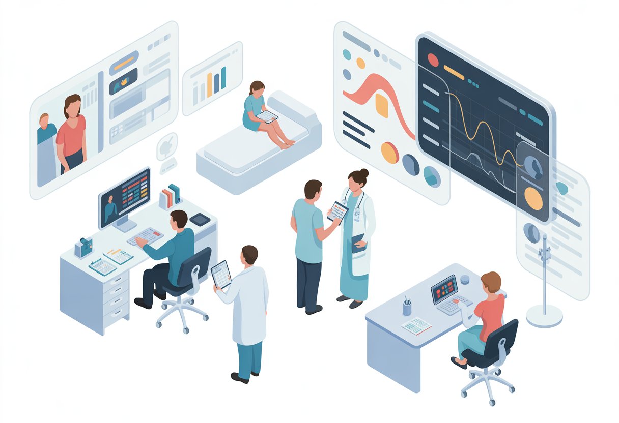 A clinical office where healthcare workers use digital devices to assess patient health risks, with charts and medical equipment around them.