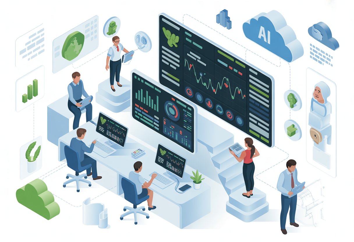An office scene showing people using advanced digital tools to analyze health data and make smart health decisions.