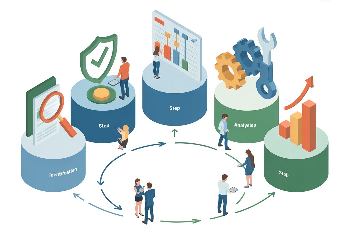 Five interconnected platforms with icons and people illustrating steps in a risk assessment process.