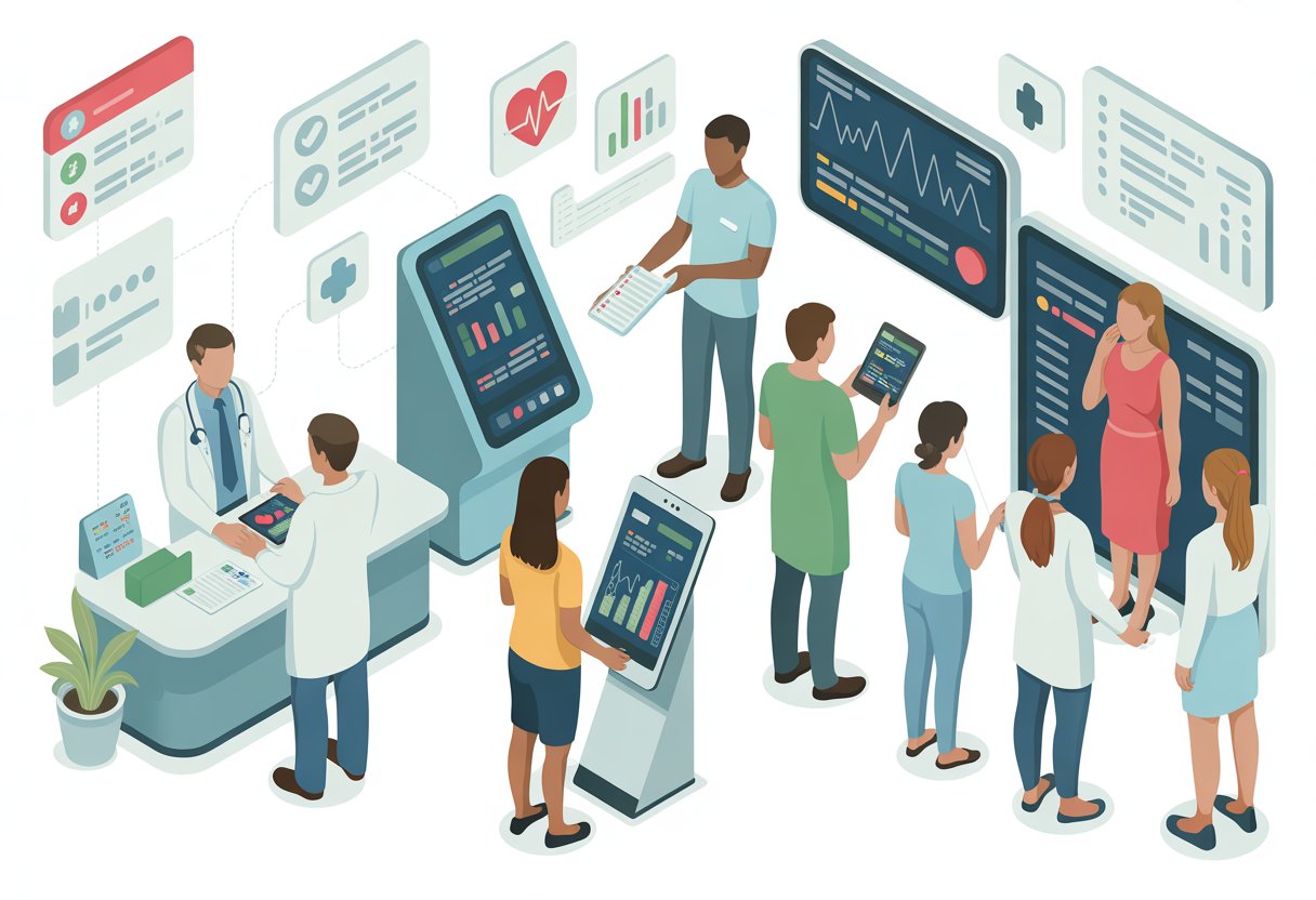 A healthcare clinic where patients and medical staff interact with digital devices showing health data and charts, illustrating improved patient care through health assessments.