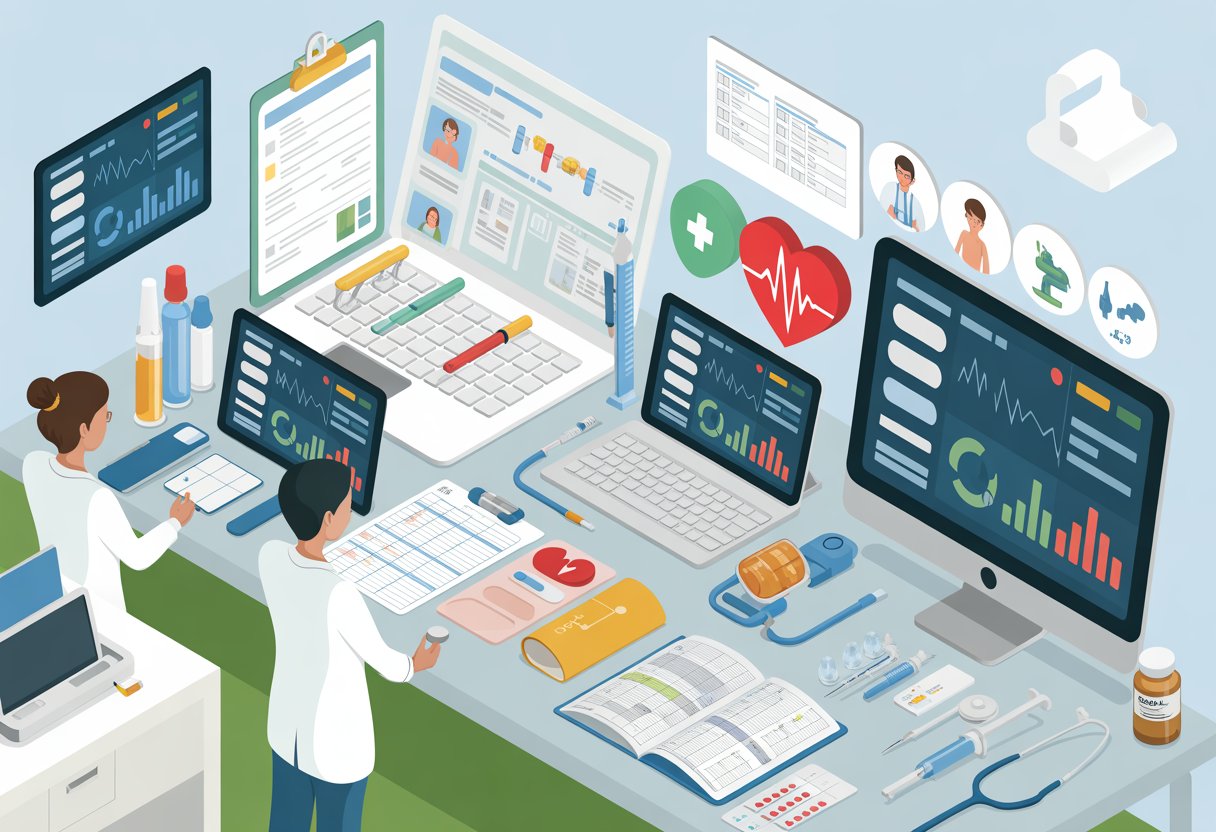 An isometric illustration showing healthcare professionals analyzing various health risk assessment tools and data on digital devices in a modern workspace.
