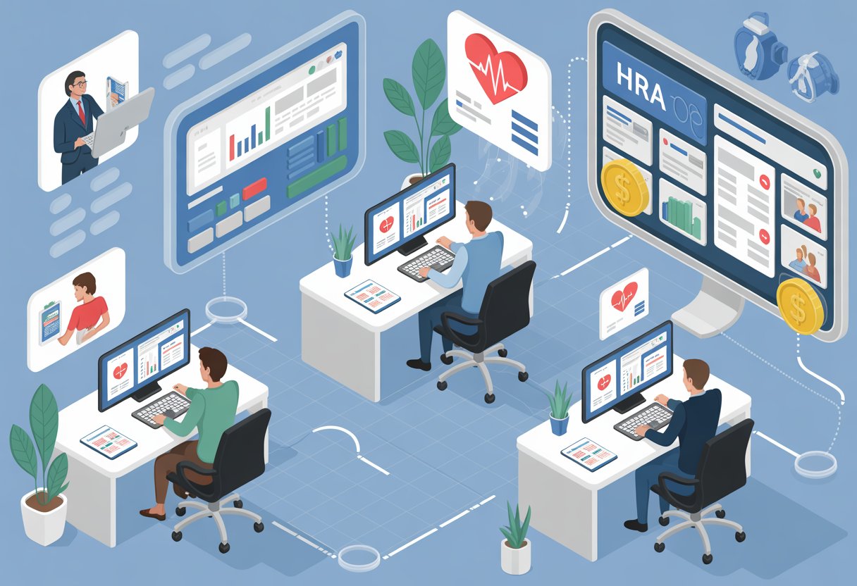 An office scene with people using digital tools to manage health claims and reimbursements efficiently.