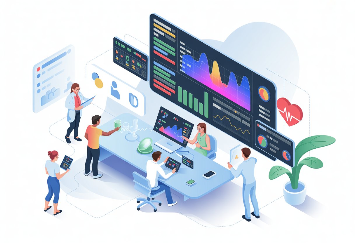 A group of professionals analyzing health data and collaborating around a digital dashboard displaying charts and medical icons.