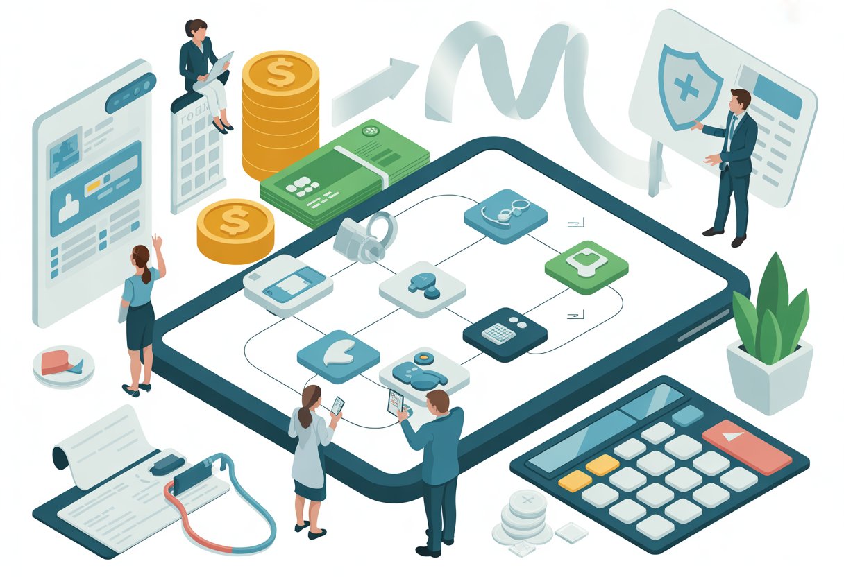 An office scene showing people interacting with a digital flowchart and symbols related to health benefits and reimbursements.