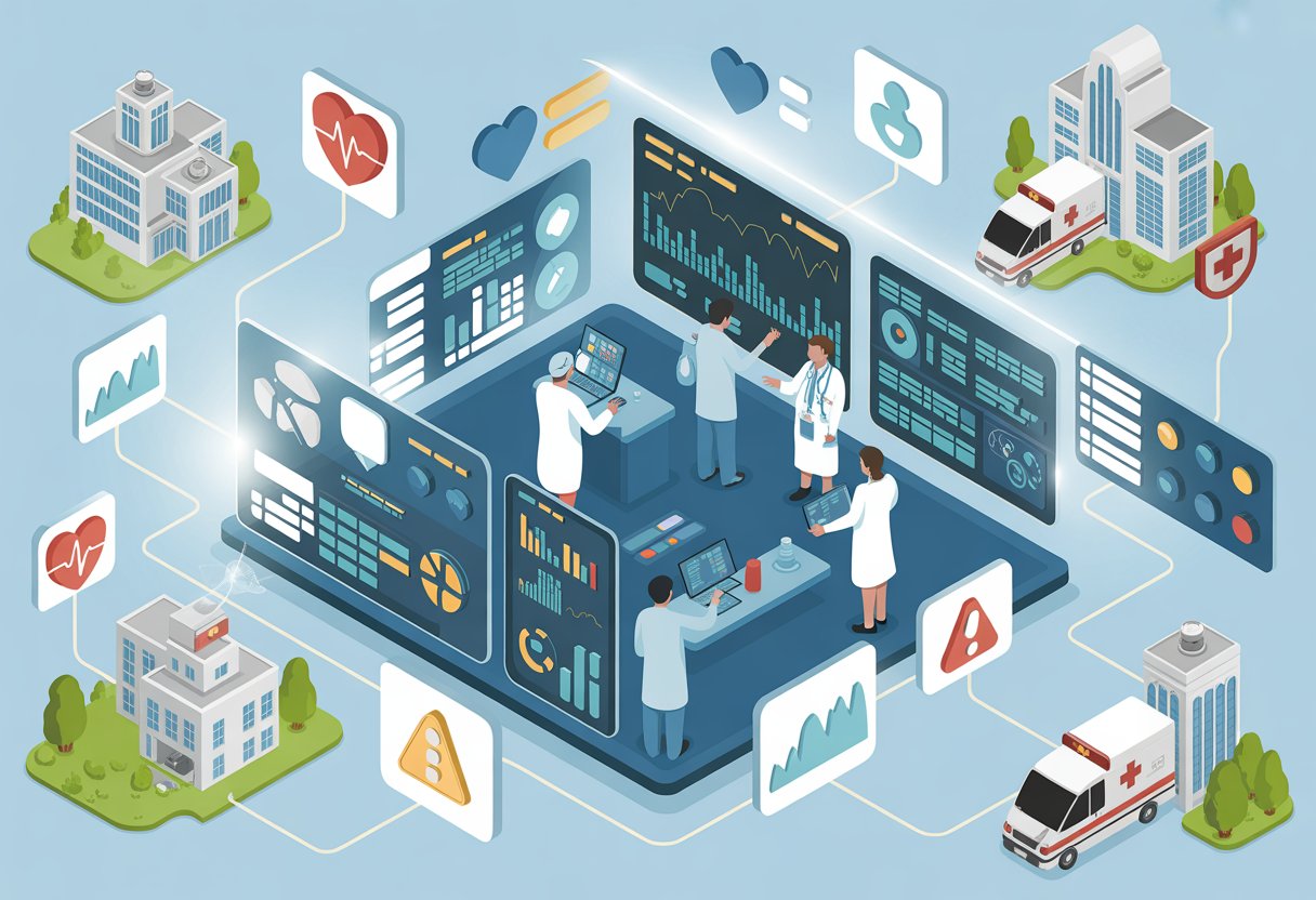 Healthcare professionals using digital screens to monitor health data and manage risks in a modern medical control center surrounded by hospital buildings and health icons.